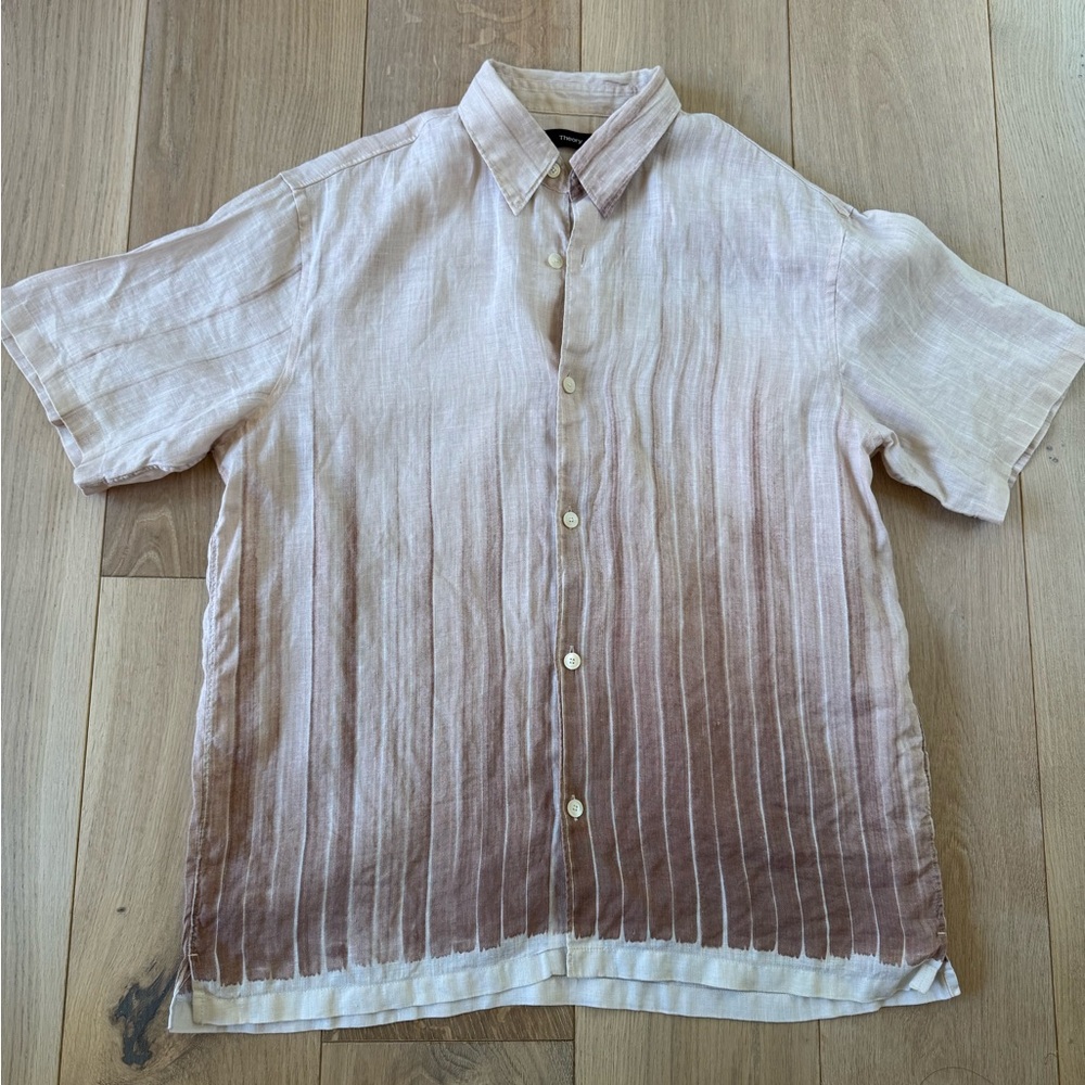 Theory Linen Cream and Brown Casual Button Down Shirt